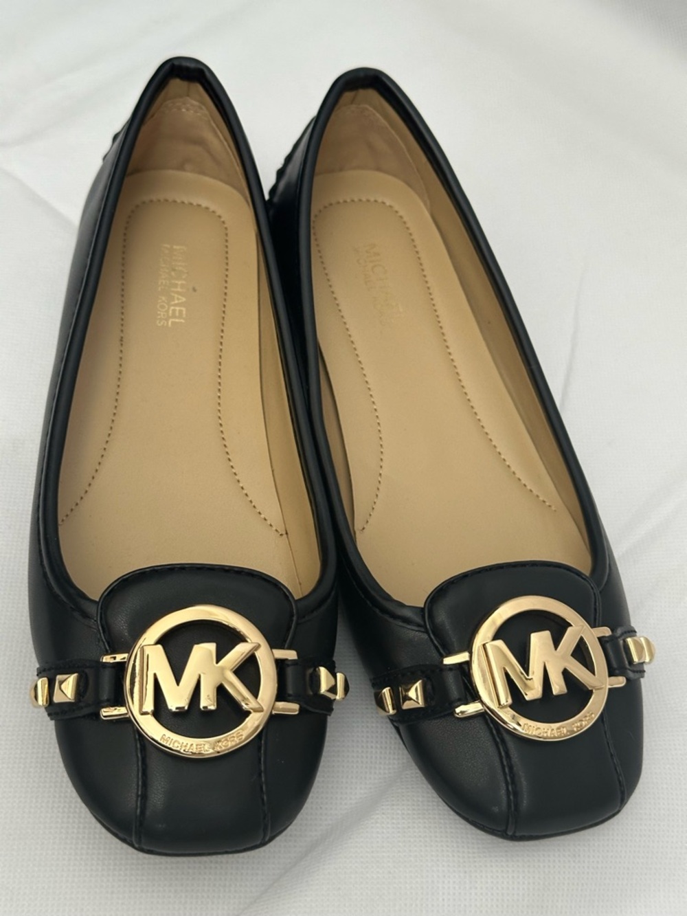 Michael Kors Black Leather Gold Logo-Embellished Ballet Flats Size 6.5